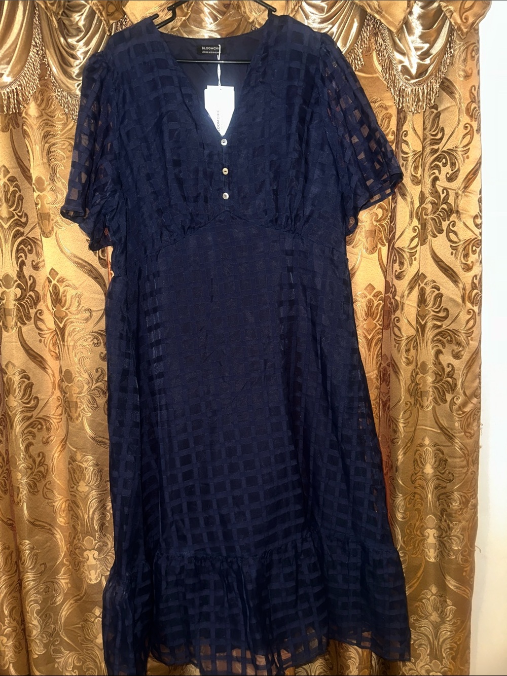 BloomChic Navy Blue Maxi Dress with Sheer Grid Overlay